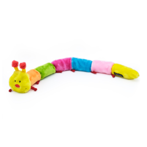 A colorful, segmented Caterpillar - Deluxe with 7 Squeakers plush toy with a smiling face and red antennae, featuring sections in red, orange, green, blue, pink, and yellow.