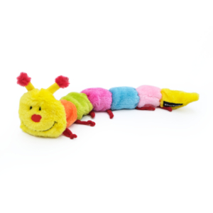 A brightly colored, plush Caterpillar - Deluxe with 7 Squeakers toy with a smiling face and antennae, segmented in yellow, green, pink, blue, and red sections, lying on a white background.