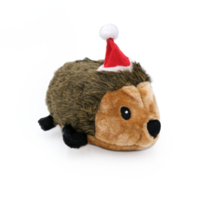 A Holiday Hedgehog - XL with brown and tan fur wearing a small red and white Santa hat.