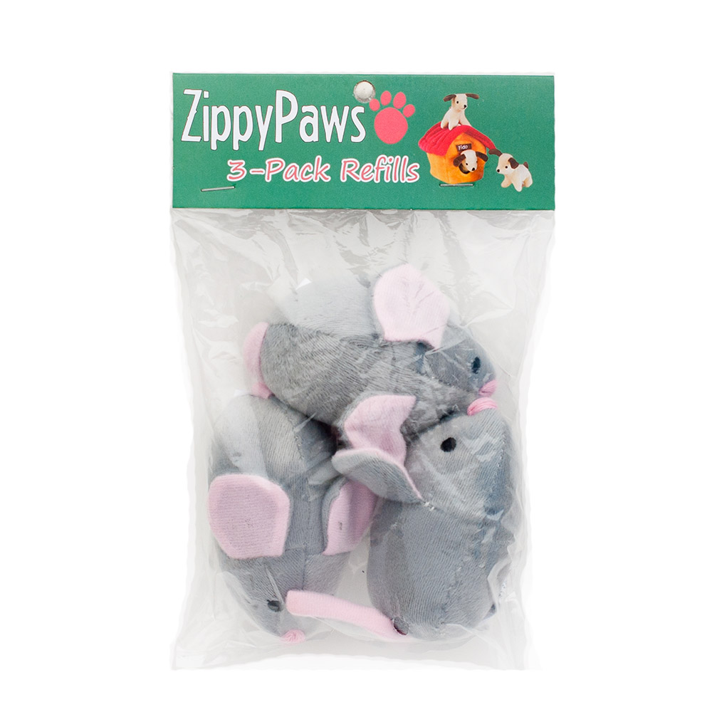 A clear plastic bag displaying a pack of three plush gray toy mice with pink ears and noses, labeled "ZippyPaws 3-Pack Refills".