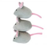 Three gray stuffed toy mice with pink ears and tails arranged vertically on a white background.
