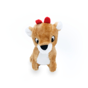 A small, brown Holiday Reindeer with white accents and two red antlers stands upright against a plain white background.