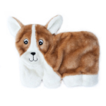 A plush toy resembling a brown and white corgi dog with a soft, furry texture and a cartoonish face.
