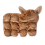A furry, brown textured microwaveable heating pad shaped like a sheep on a white background.