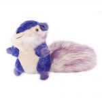 A purple and white plush toy resembling a squirrel or similar animal, with a fuzzy tail and small facial features, stands on a white background.