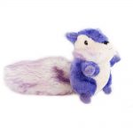 A plush toy shaped like a squirrel with blue and white fur and a fluffy tail.