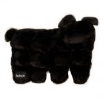 A black, plush dog toy with a label that reads "ZippyPaws." The toy is shaped like a dog and has a fluffy texture.