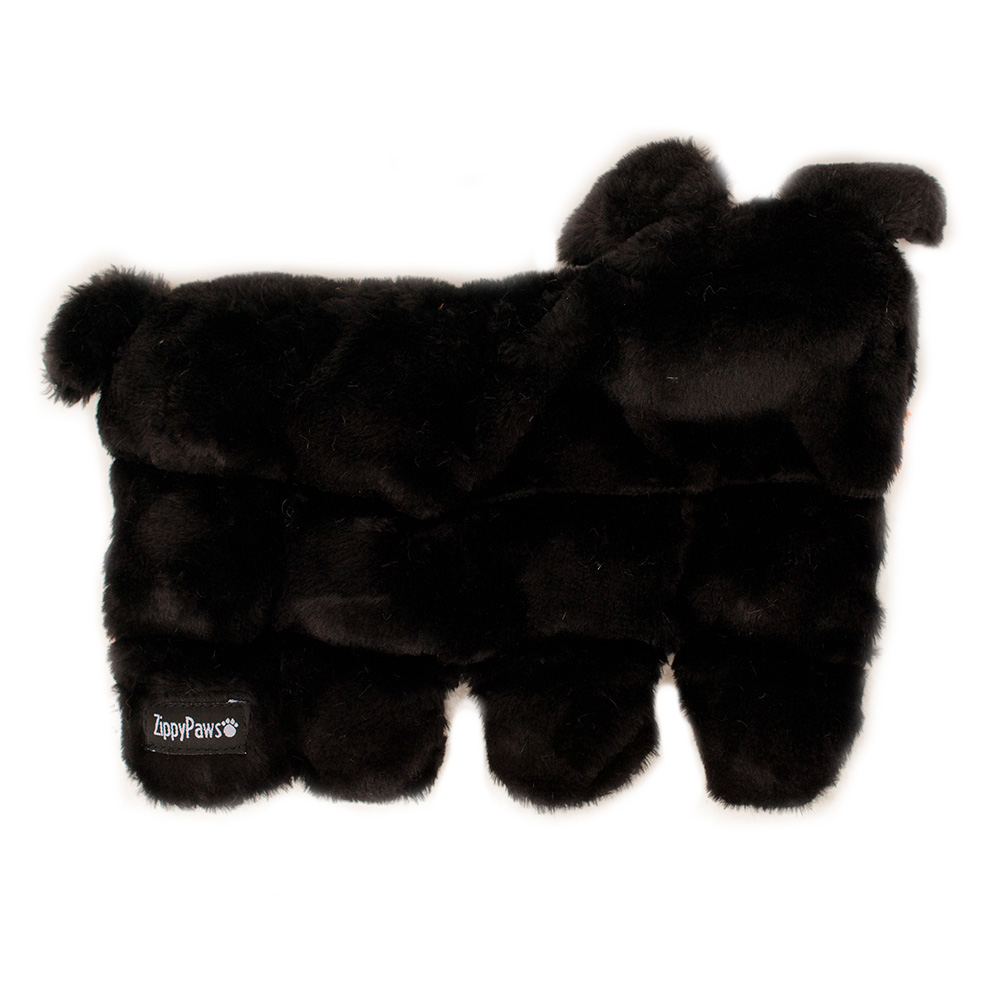 A black, plush dog toy with a label that reads "ZippyPaws." The toy is shaped like a dog and has a fluffy texture.