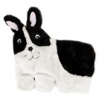 A plush toy resembling a black and white dog with elongated ears, smiling face, and a round black nose.
