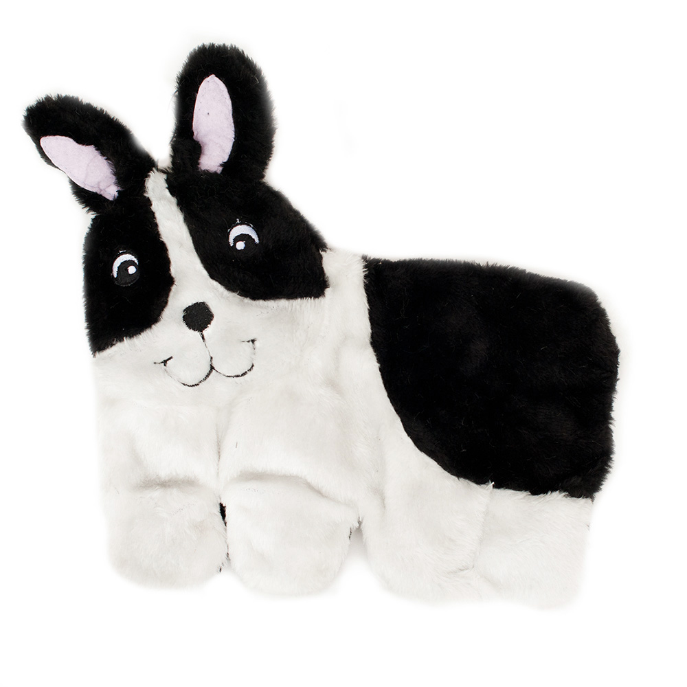 A plush toy resembling a black and white dog with elongated ears, smiling face, and a round black nose.