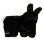 A black plush toy shaped like a sheep or llama with a "ToppyPaws" label on it.