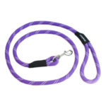 A purple woven rope dog leash with a metal clip and a loop handle.
