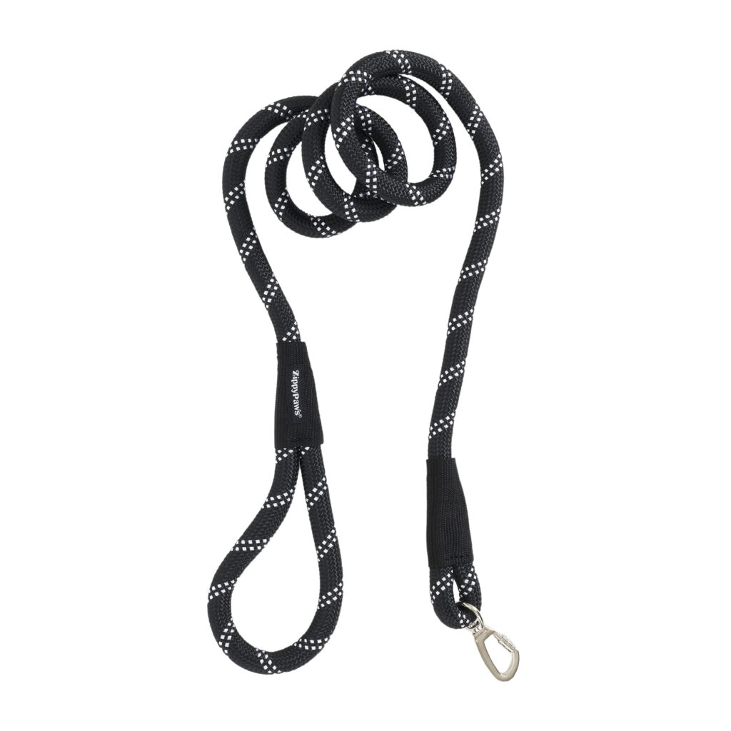 Climbers Dog Leash - ORIGINAL - 6 Feet, featuring a black rope with a white dotted pattern, a looped handle at one end, and a metal clasp at the other, displayed on a white background.