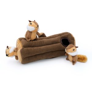 Three Zippy Burrow® Log with 3 Chipmunks are positioned on and around a soft, brown toy log with a small hole in its side.