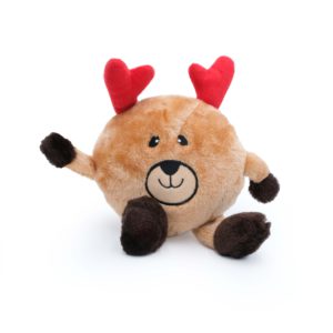 A round, brown Holiday Brainey - Reindeer with black paws, a smiling face, and red heart-shaped antlers.
