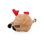 A round stuffed toy resembling a reindeer, with red antlers, black hooves, and a brown body, viewed from the back. It has a label with "Holiday Brainey - Reindeer" on its side.