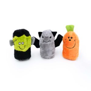 Three Halloween Squeakie Buddies - Pack of 3 are shown: a green and black Frankenstein, a gray bat with black wings, and an orange carrot with a green top.