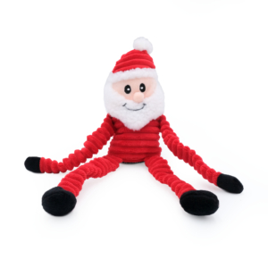 A Holiday Crinkle - Santa Small with a red ribbed body, black hands and feet, wearing a red Santa hat, and sporting a white beard, sits against a white background.