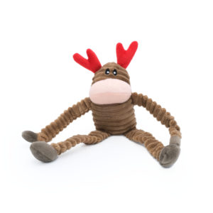 A Holiday Crinkle - Reindeer Small with a ribbed body, red antlers, pink snout, and outstretched limbs, sitting against a white background.