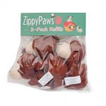 A package labeled "ZippyPaws 3-Pack Refills," containing three brown plush dog toy refills.