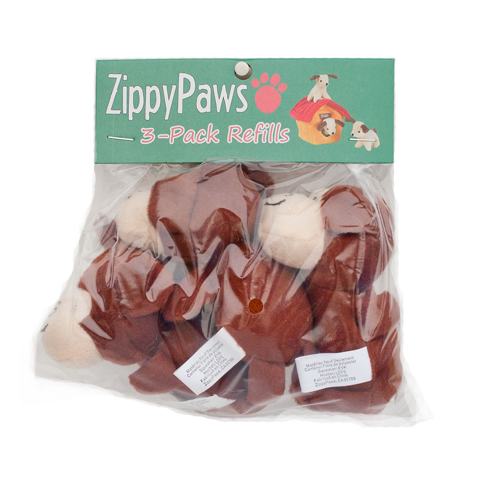 A package labeled "ZippyPaws 3-Pack Refills," containing three brown plush dog toy refills.