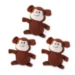 Three identical brown plush monkey toys with smiling faces and outstretched arms are arranged in a triangular formation on a white background.