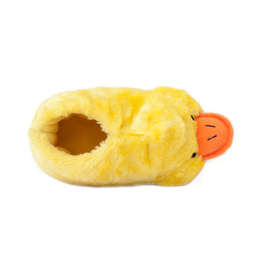 A plush yellow slipper designed to look like a duck, with an orange beak and embroidered eyes.