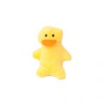 A yellow plush toy resembling a duck with black eyes and an orange beak, standing against a plain white background.