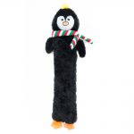 Long, plush toy shaped like a penguin, with a yellow tuft on its head, a red, green, and white striped scarf, and orange feet.