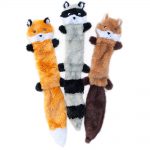 Three plush, squeaky dog toys arranged side by side: a fox, a raccoon, and a squirrel. Each toy has a long, soft body and cartoonish facial features.