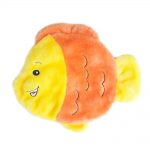 A plush toy designed as an orange and yellow fish with a smiling face and embroidered scales on its side.
