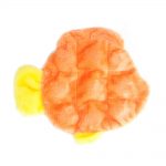 A plush, orange and yellow fish-shaped toy with a soft, fuzzy texture.