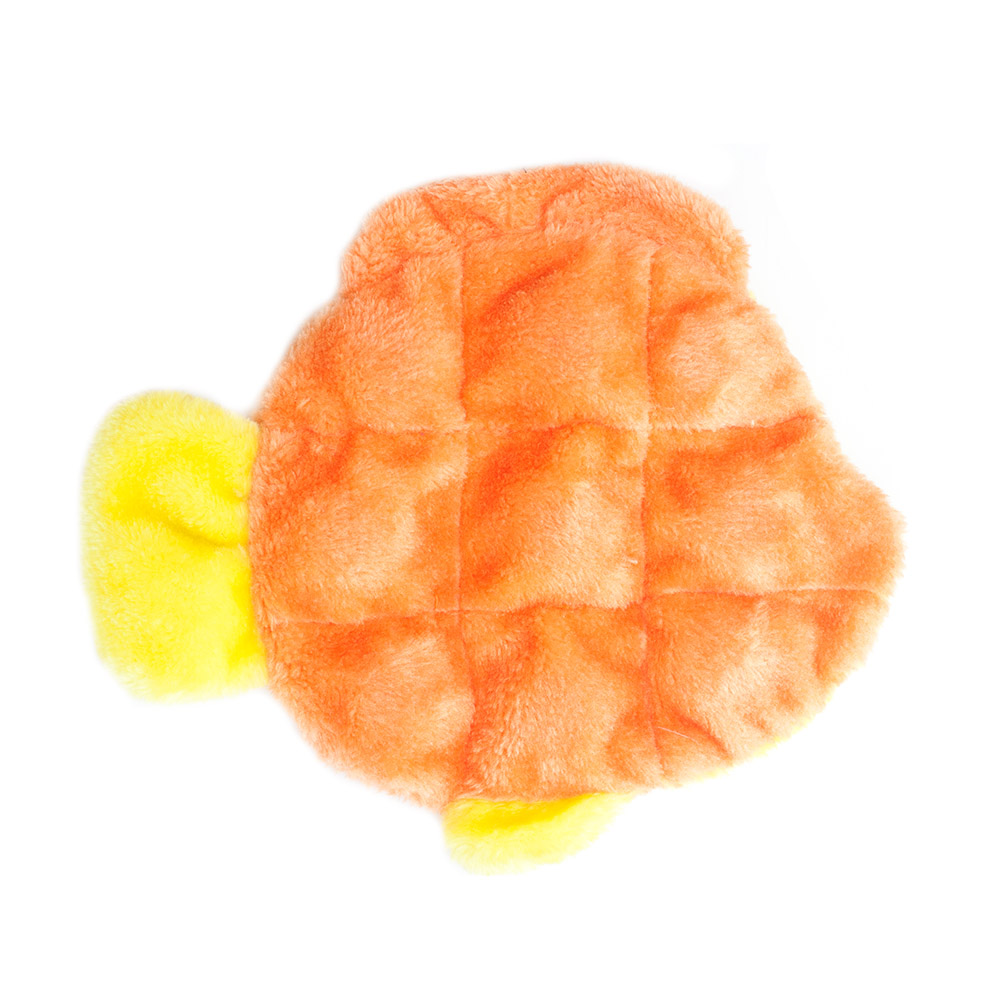 A plush, orange and yellow fish-shaped toy with a soft, fuzzy texture.