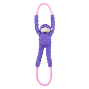A purple plush monkey toy with textured fabric, attached to a pink rubber ring, designed for pet play or chewing.