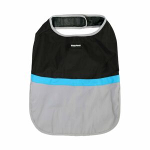 A black, blue, and gray Adventure Cooling Vest with an adjustable neck strap and a pocket at the bottom, designed to protect clothing during mealtime or activities.