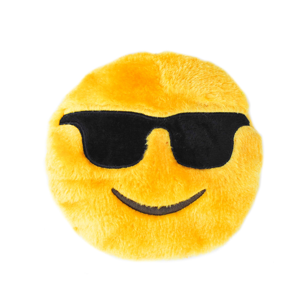 A plush toy in the shape of a yellow emoji face wearing black sunglasses and smiling.