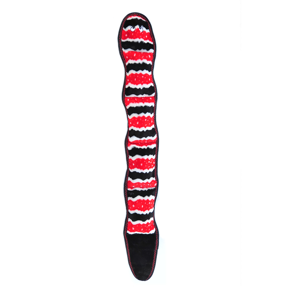 A long, snake-shaped dog toy with a red, black, and white pattern.