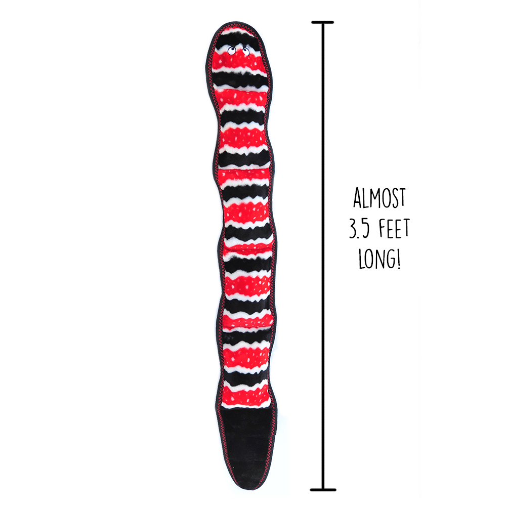 A long, wavy dog toy with black, red, and white stripes beside a vertical line showing its length, labeled "Almost 3.5 feet long!.