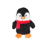 Stuffed penguin toy wearing a red scarf with orange feet, black and white fur, and a black beak, standing upright on a white background.