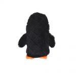 A plush toy resembling a penguin stands upright with its back facing. The toy has black fur, orange feet, and small wings.
