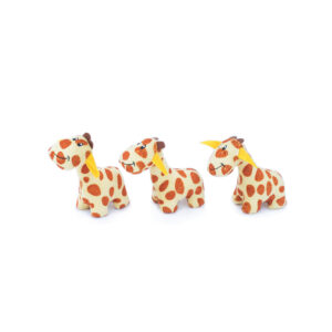 Three small giraffe-shaped plush toys with brown spots and yellow accents are arranged in a row on a white background.