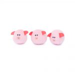 Three round, plush toy pigs with pink bodies, small black eyes, and red ears are lined up against a white background.