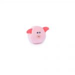 A small pink toy shaped like a pig with red ears and black eyes against a white background.