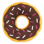 A plush toy shaped like a donut with a brown top, colorful sprinkles, and an orange edge.