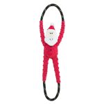 A dog toy featuring a Santa Claus figure with a textured red body, white beard, and black hoop arms and legs designed for tugging.