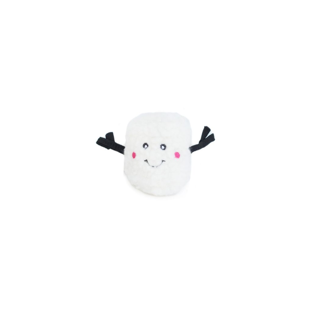 A small, white, plush toy with a smiling face, pink cheeks, and black arms sticking out on both sides.