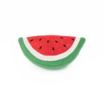 A plush toy in the shape of a watermelon slice, with red and green colors and black seed-like details.