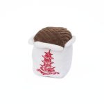 A plush toy shaped like a Chinese food takeout box with a brown lid and a red pagoda design on the white body.