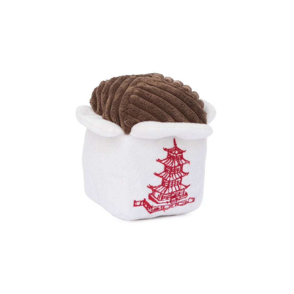 A plush toy shaped like a takeout food container with a brown textured lid and a red pagoda design on the front.