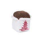 A plush toy shaped like a takeout food container with a brown textured lid and a red pagoda design on the front.